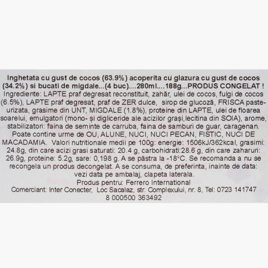 Înghețată de cocos cu glazură de ciocolată albă și fulgi de cocos 4x70ml