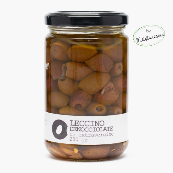 Măslinescu - Măsline negre Leccino fără sâmburi, condimentate, în ulei de măsline extravirgin, 280g