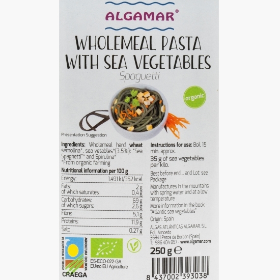 Paste Spaghetti integrale din grâu cu alge marine, eco, 250g
