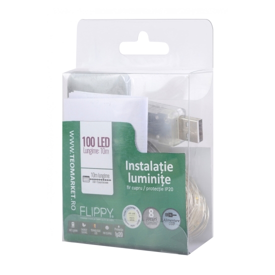 Instalație Crăciun liniară, 10m, 100 LED-uri, telecomandă 8 funcții, USB, fir cupru