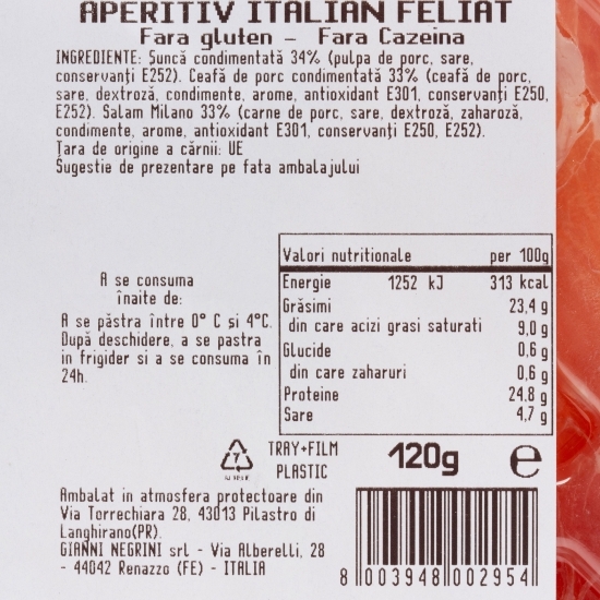 Aperitiv italian, feliat 120g (prosciutto crudo, coppa si salam Milano crud-uscat)