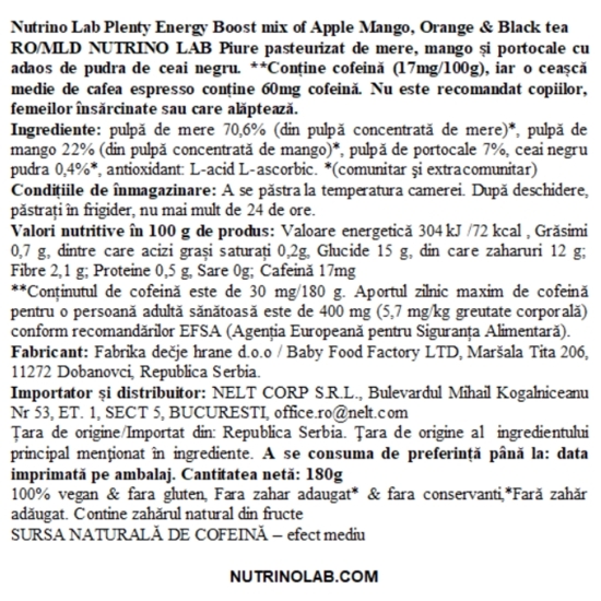 Piure cu măr, mango, portocală & ceai negru Plenty Energy Boost 180g