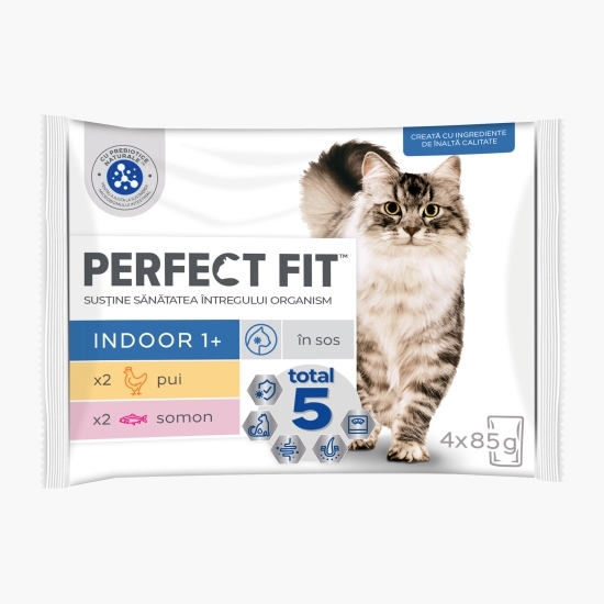 Hrană umedă pentru pisici de interior adulte 4 x 85g, selecții de carne în sos 