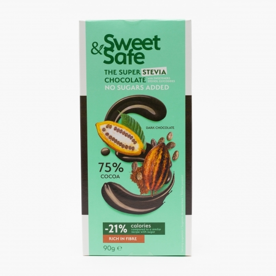 Ciocolată amăruie 75% cacao, fără zahăr și îndulcitor stevie 90g