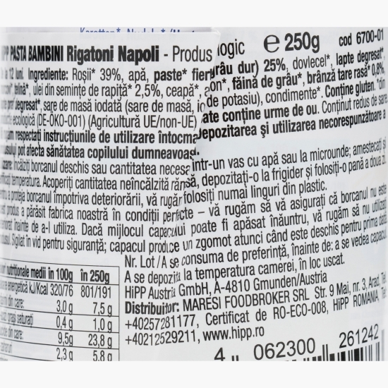 Meniu eco paste rigatoni napoli, +12 luni, 250g
