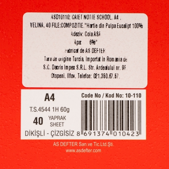Caiet velin (fără liniatură) School, A4, capsat, 40 file, 60 g/mp, diverse culori