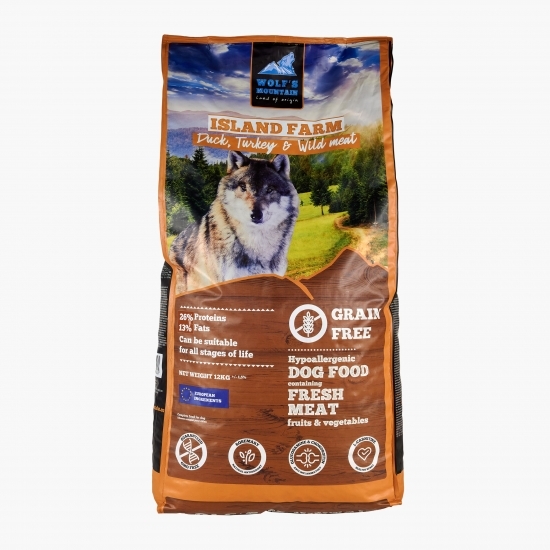 Hrană uscată hipoalergenică, fără gluten pentru câini, 12kg, cu carne de rață, curcan și vânat