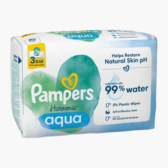 Șervețele umede Harmonie Aqua, 3 pachete x 48 buc, 144 buc, 0% plastic