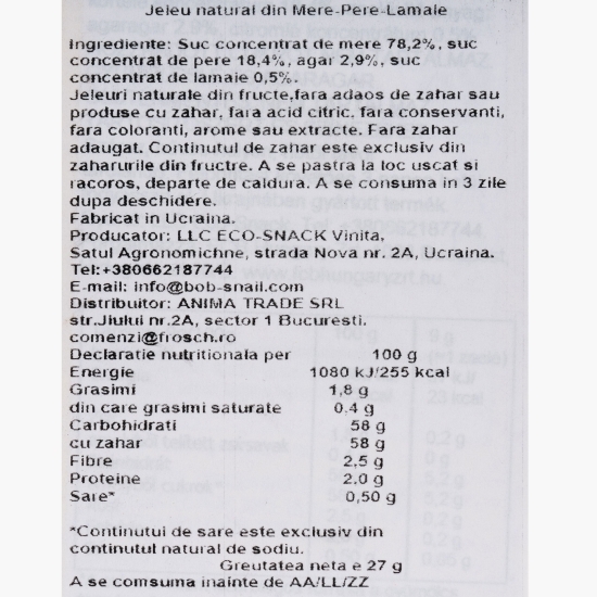 Jeleu natural din mere, pere și lămâie, fără zahăr adăugat 27g