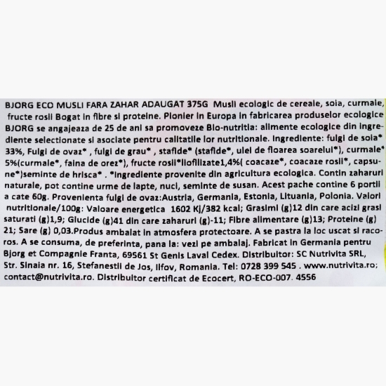 Muesli eco proteic, fără zahăr adăugat 375g