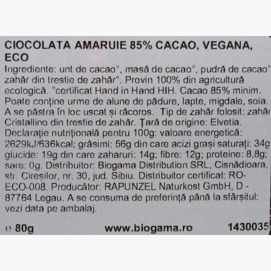Ciocolată amăruie eco vegană 85% cacao, 80g