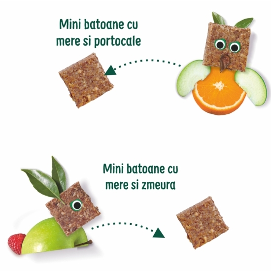Mini batoane ecologice din ovăz integral cu mere-zmeură și mere-portocale, 110g, 12+ luni