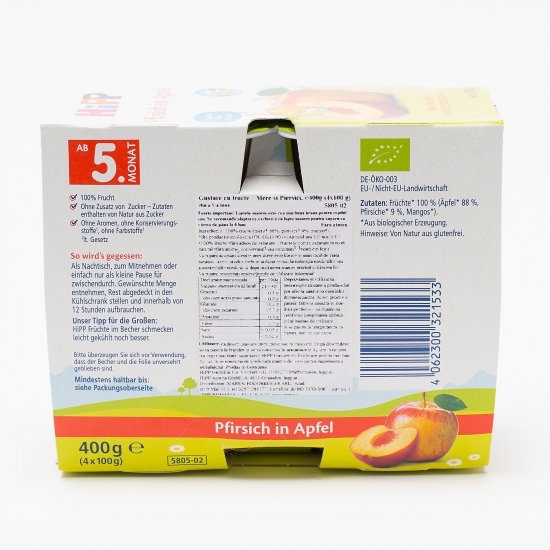 Gustare eco cu fructe–mere și piersici, +4 luni, 4x100g