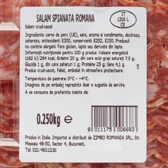 Salam crud-uscat Spianata Romana, feliat 250g