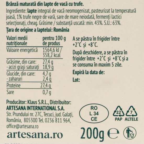 Brânză maturată din lapte de vacă cu trufe negre 200g