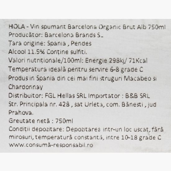 Vin spumant Barcelona Organic brut alb, 11.5%, 0.75l