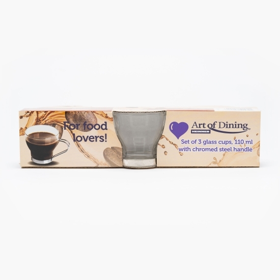 Set 3 cești 110ml, sticlă, mâner oțel cromat