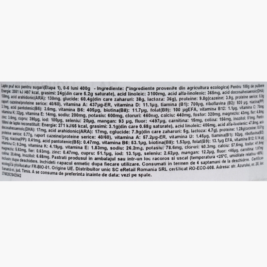 Lapte praf eco pentru sugari (Etapa 1), 0-6 luni, 400g