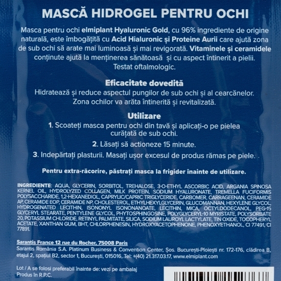 Mască hidrogel pentru ochi cu acid hialuronic și proteine aurii, Hyaluronic Gold