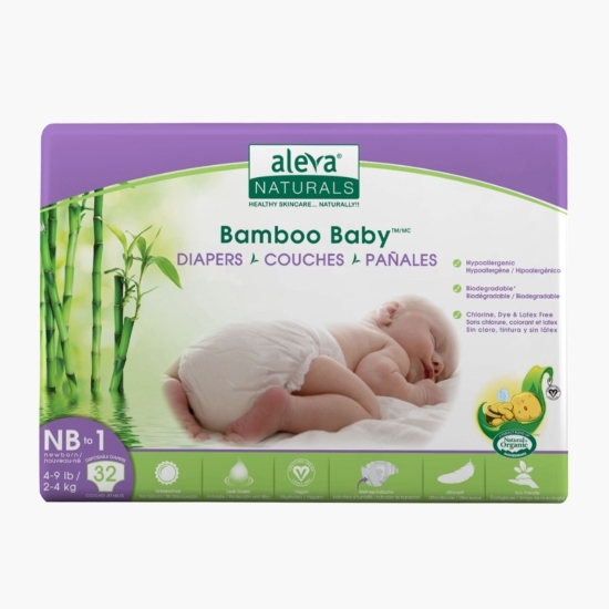 Scutece vegane din fibre de bambus Newborn 1, 2-4kg, 32 buc