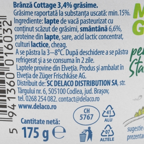 Brânză Cottage cu smântână, 3.4% grăsime, 175g