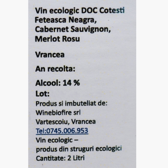 Vin roșu eco Cotești D.O.C., Fetească Neagră, Cabernet Sauvignon și Merlot, 14%, bag-in-box, 2l