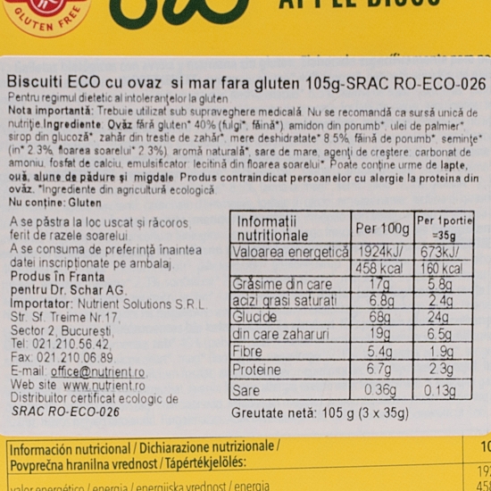 Biscuiți eco cu ovăz și măr fără gluten 105g 