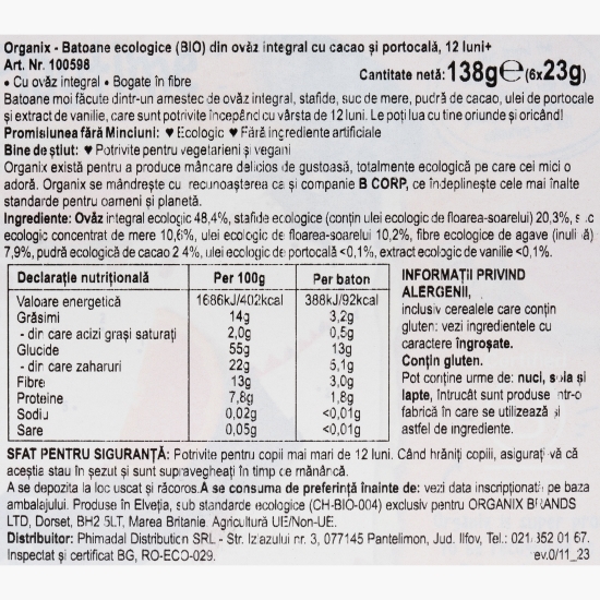 Batoane ecologice din ovăz integral cu cacao și portocale, 6x23g, 12+ luni 