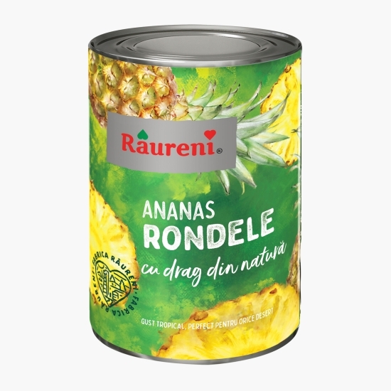 Compot de ananas rondele în sirop slab îndulcit, conservă 565g