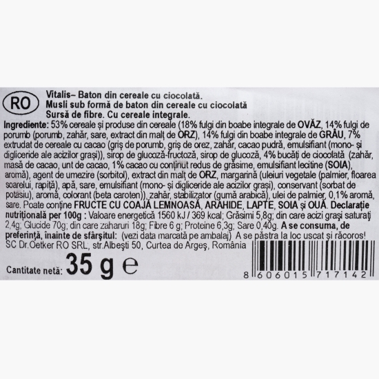 Baton de cereale Vitalis cu ciocolată 35g