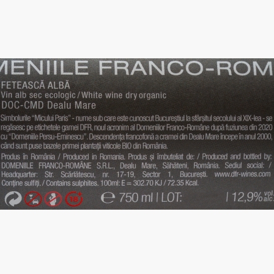 Vin alb sec eco Fetească Albă, 12.9%, 0.75