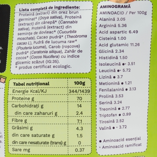 Pulbere proteică ecologică Vegan Protein 70%, cu gust de ciocolată, 600g
