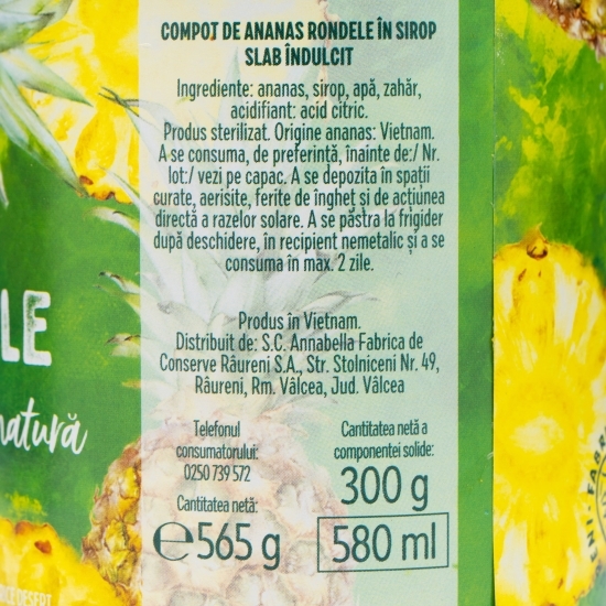Compot de ananas rondele în sirop slab îndulcit, conservă 565g