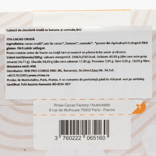 Tabletă de cacao crudă cu banane și curmale eco 45g