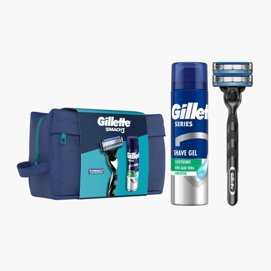 Set cadou Mach3: aparat de ras + 1 lamă de rezervă + gel de ras cu efect calmant 75ml + trusă de voiaj