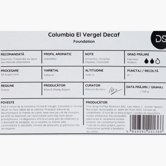 Columbia El Vergel Decaf 250g cafea de specialitate boabe decofeinizată 