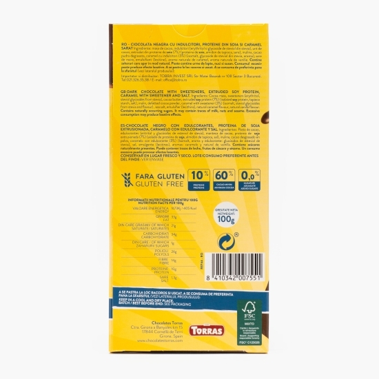 Ciocolată neagră cu îndulcitori, proteine din soia și caramel sărat 100g
