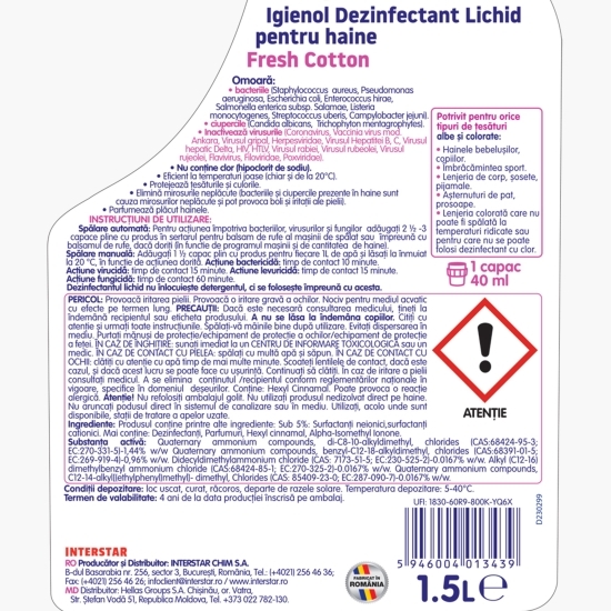 Dezinfectant lichid pentru haine albe și colorate Fresh Cotton 1.5l