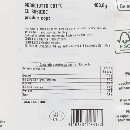 Prosciutto cotto cu busuioc, eco 100g