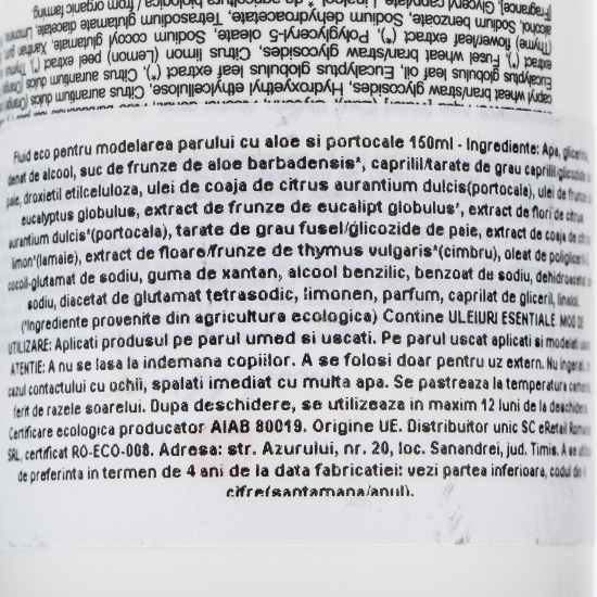 Fluid bio pentru modelarea părului cu aloe și portocale 150ml