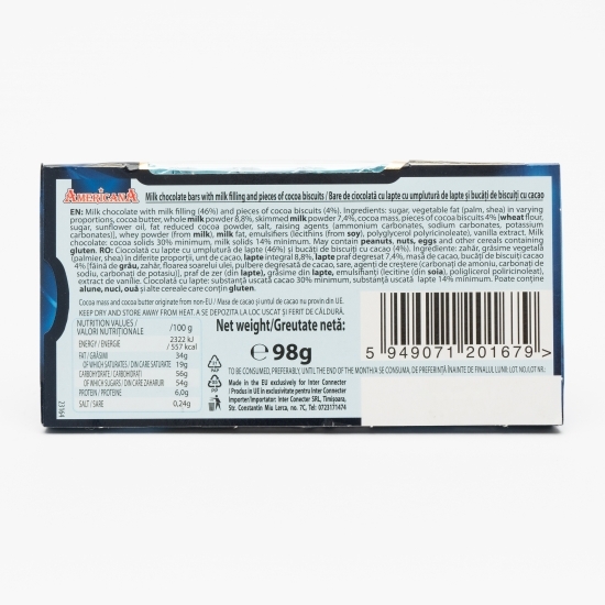 Bare de ciocolată cu umplutură de lapte și bucăți de biscuiți cu cacao 98g