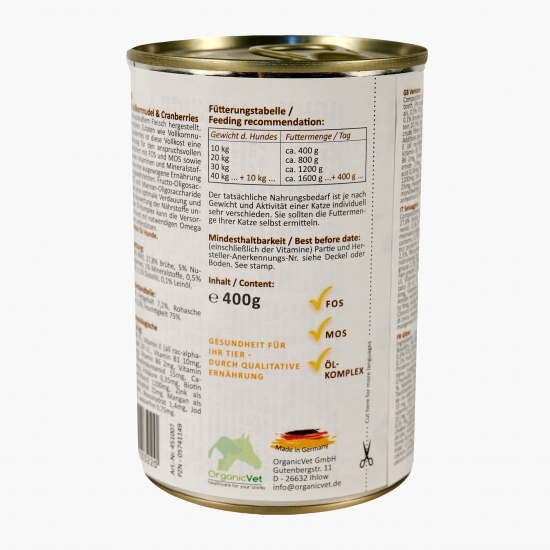 Hrană umedă pentru câini Sensitive, 400g, vânat, merișoare și paste