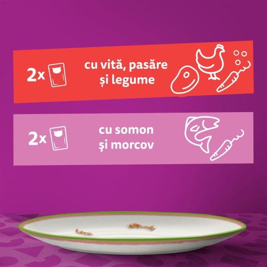 Hrană umedă pentru pisici adulte 4x85g, Tasty Mix cu vită, pasăre și legume, cu somon și morcov
