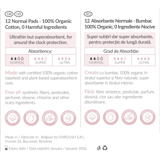 Absorbante bumbac organic Normale, 12 buc