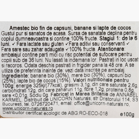 Piure eco din căpșuni, banane și lapte de cocos, pentru copii 6+ luni, 100g