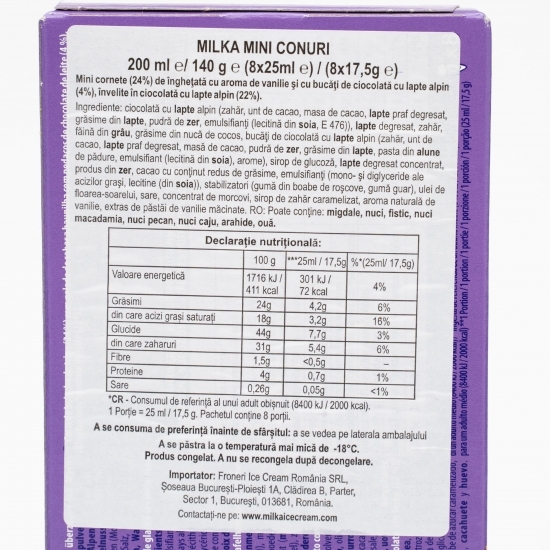 Mini cornete de îngheţată cu aromă de vanilie şi cu bucăţi de ciocolată 200ml (8x25ml)
