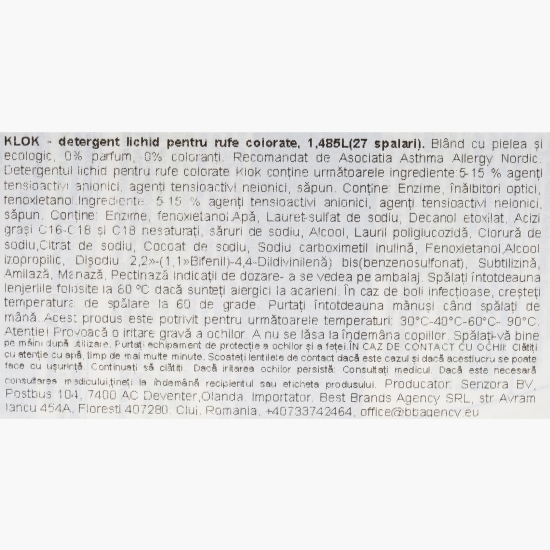 Detergent lichid pentru rufe colorate 0% parfum, 0% coloranți, 27 spălări, 1.485l