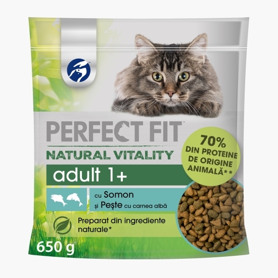 Hrană uscată pentru pisici, 650g, cu somon și pește alb 