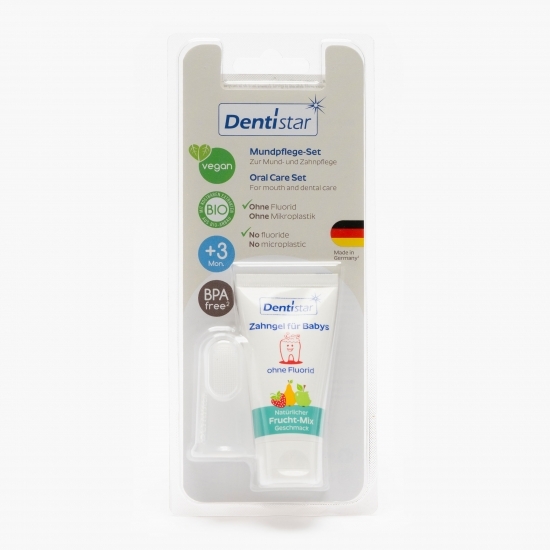 Set pastă de dinți pentru copii fără fluor bio 30ml + degetar moale din silicon, +3 luni 