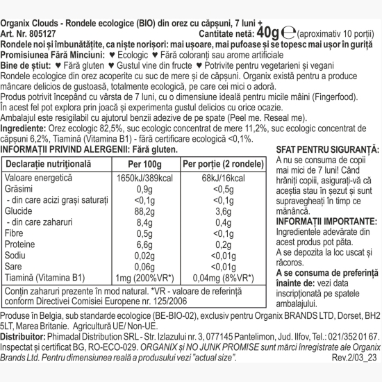 Rondele ecologice din orez cu căpșuni, 7 luni+, 40g